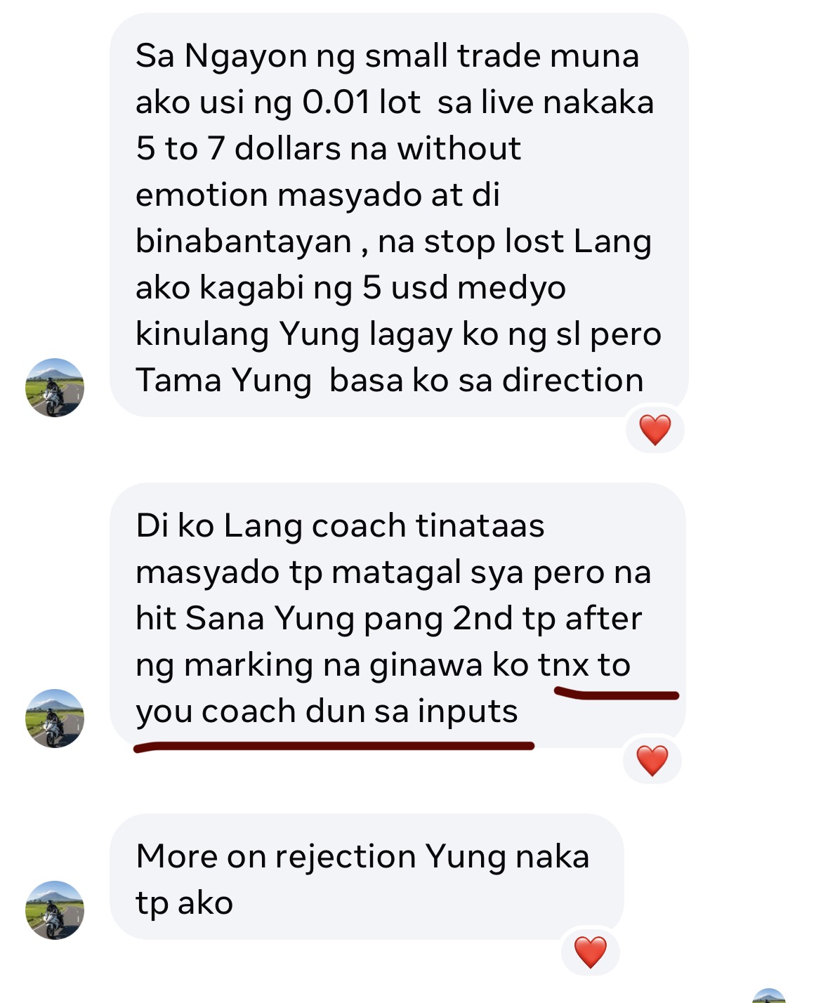Student message about applying bootcamp inputs and managing trades with more structure