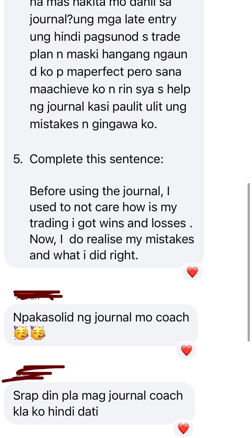 Student message about journaling exposing repeated trading mistakes