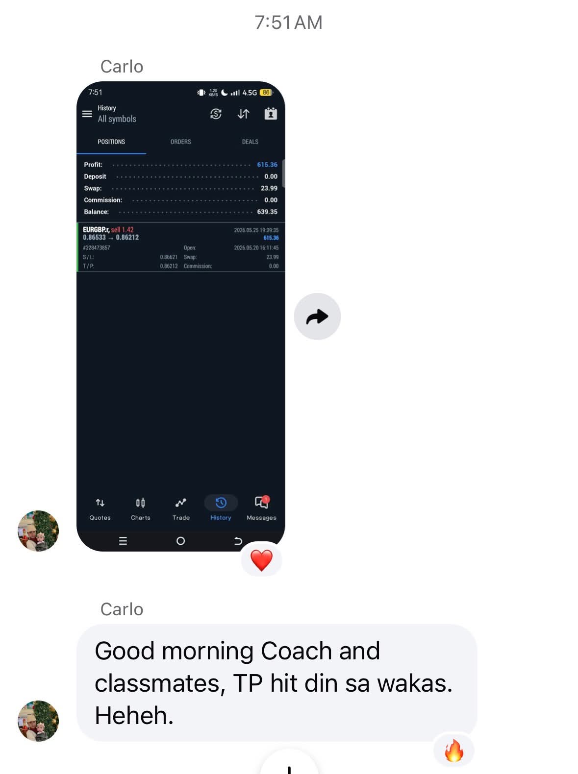 Student-shared trading update screenshot
